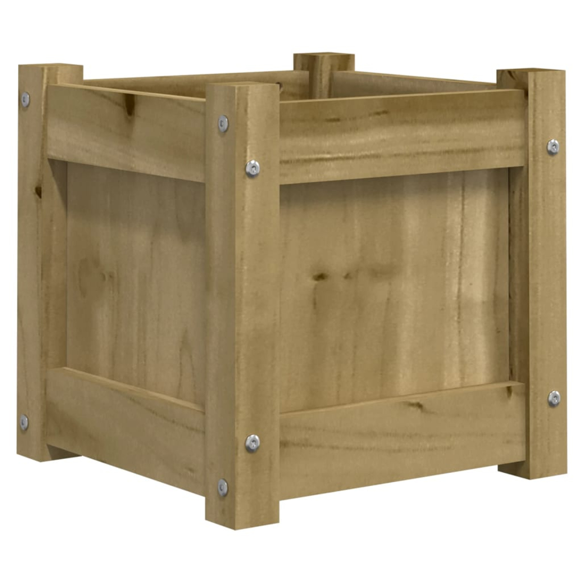 Eine quadratische Pflanzkiste aus Holz. Sie besteht aus hellbraunem Holz, das mit Schrauben zusammengebaut wurde. Die Box ist leer.