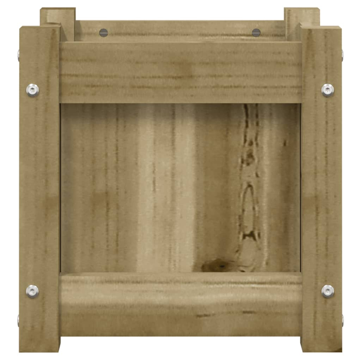 Ein quadratischer Holzrahmen mit sichtbarer Holzmaserung, der durch Bolzen zusammengehalten wird. Der Rahmen ist hellbraun.