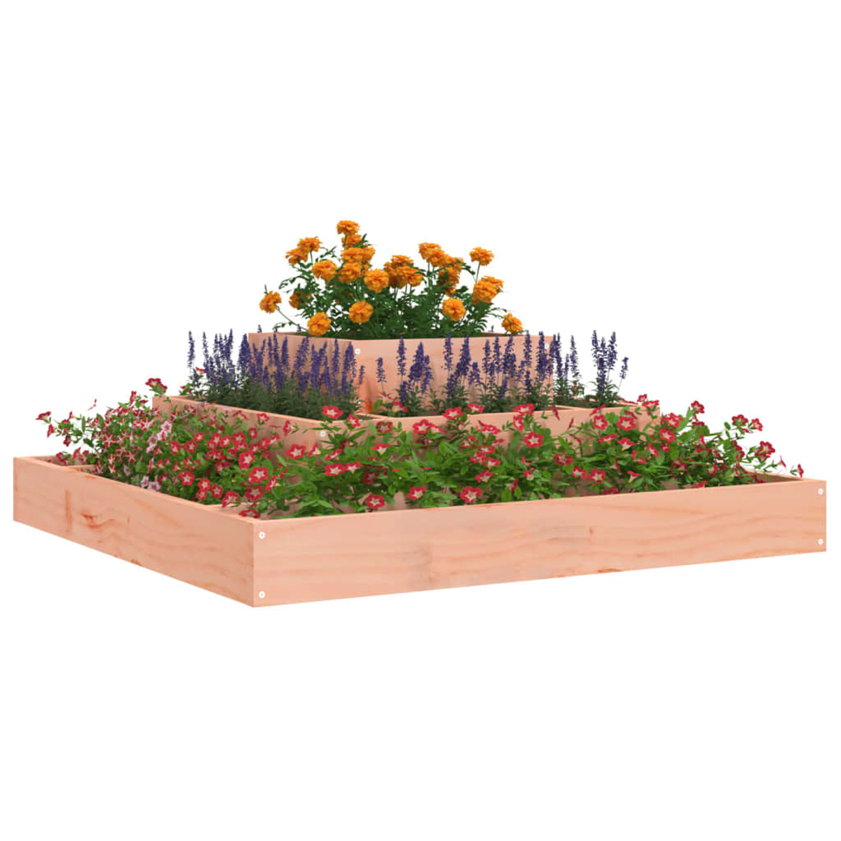 Ein mehrstufiger Holzpflanzer mit roten und orangefarbenen Blumen. Der Pflanzer hat drei Ebenen mit unterschiedlichen Blumen.