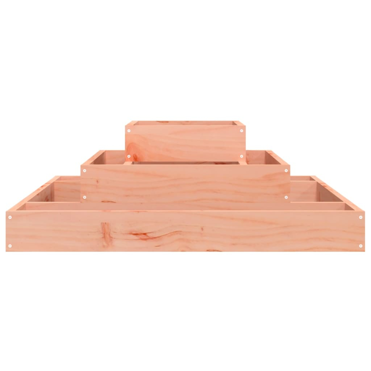 Gestaffeltes Gartenbeet aus Holz, aus hellbraunem Holz. Das Beet hat drei Ebenen, jede kleiner als die darunter.