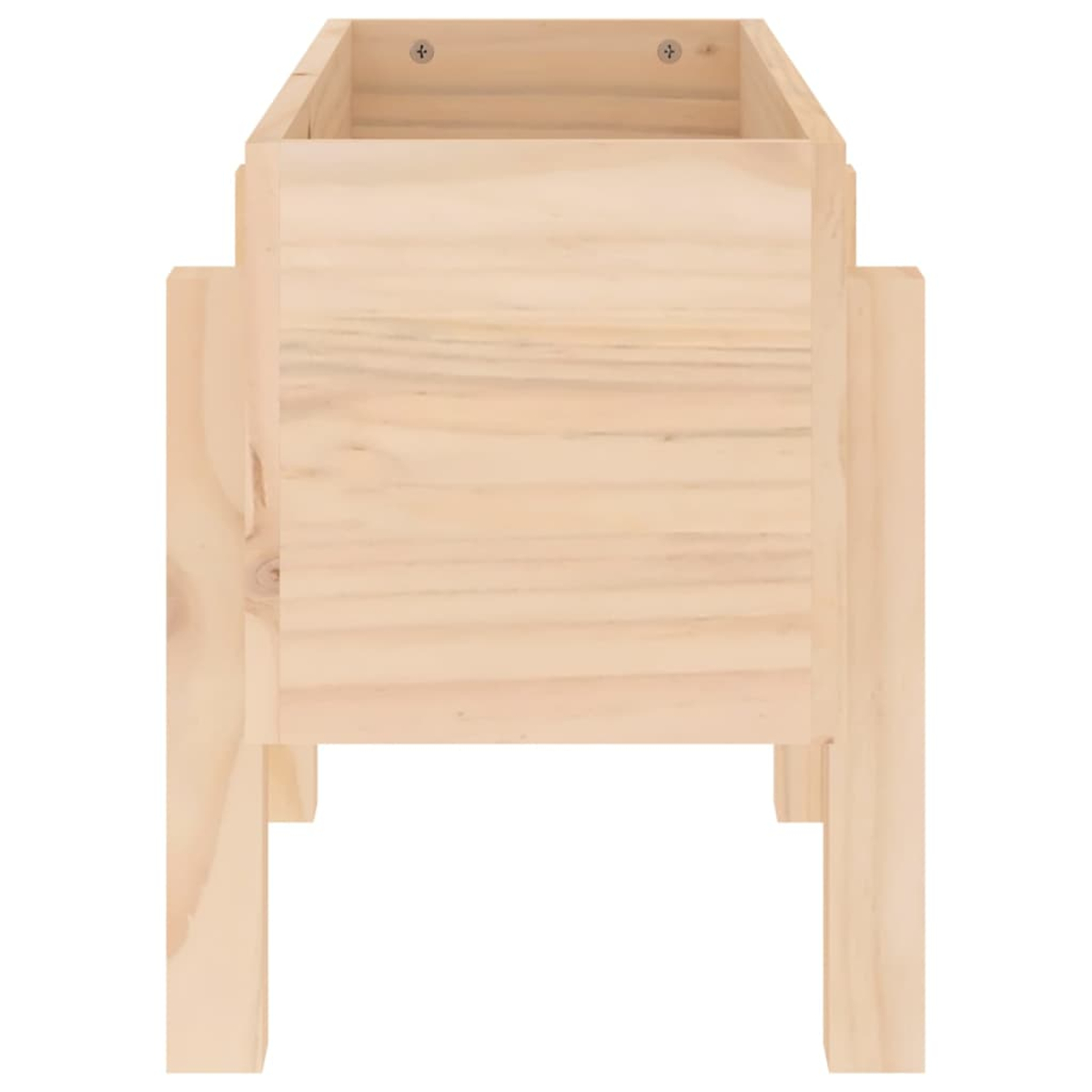 Ein hölzerner Pflanzkasten aus hellfarbenem Holz. Es hat eine rechteckige Form und steht auf vier Beinen. Schrauben sind sichtbar.