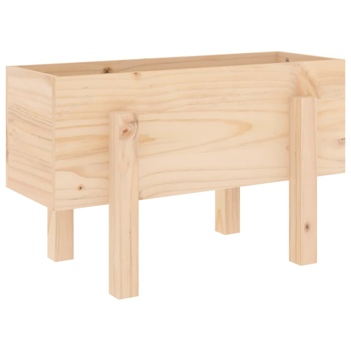 Ein hellbrauner Pflanzkasten aus Holz mit Beinen, vor weißem Hintergrund. Die Box ist rechteckig.