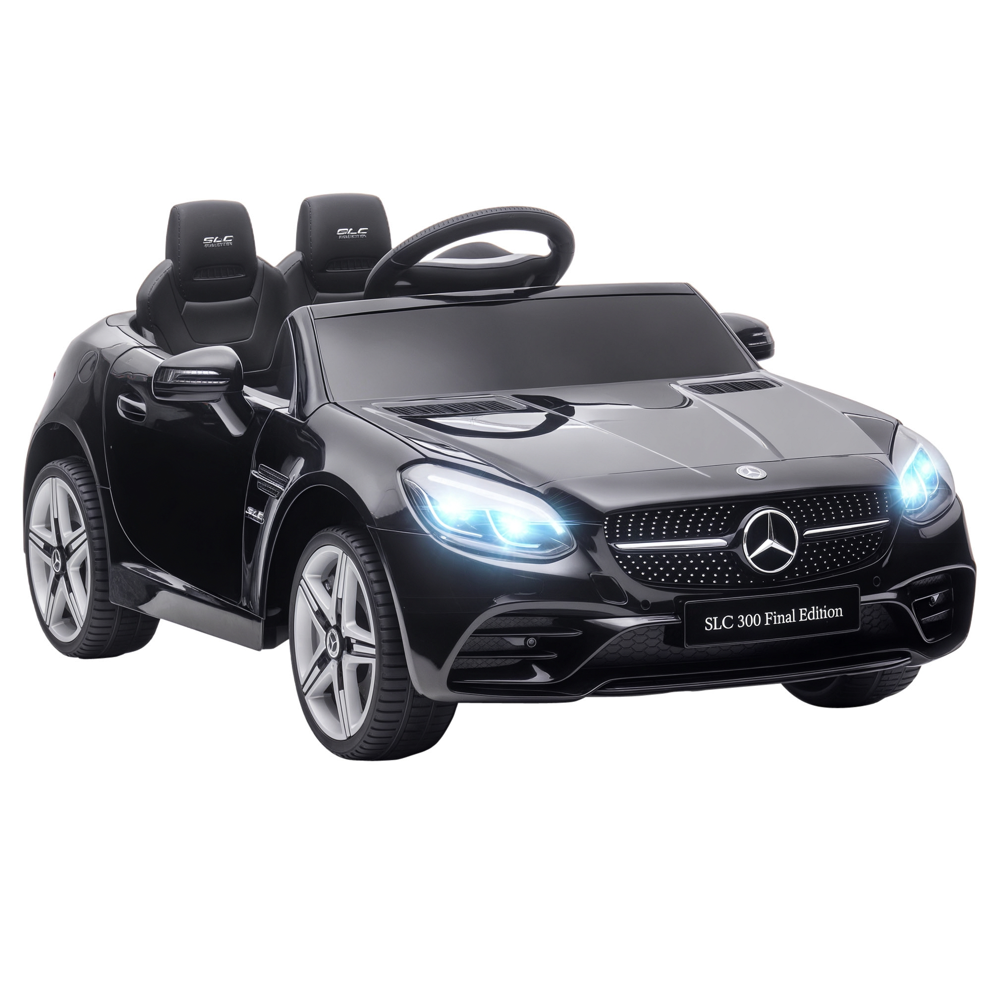 Un'auto giocattolo nera Mercedes-Benz SLC 300 Final Edition. Ha due posti e un volante, luci accese.