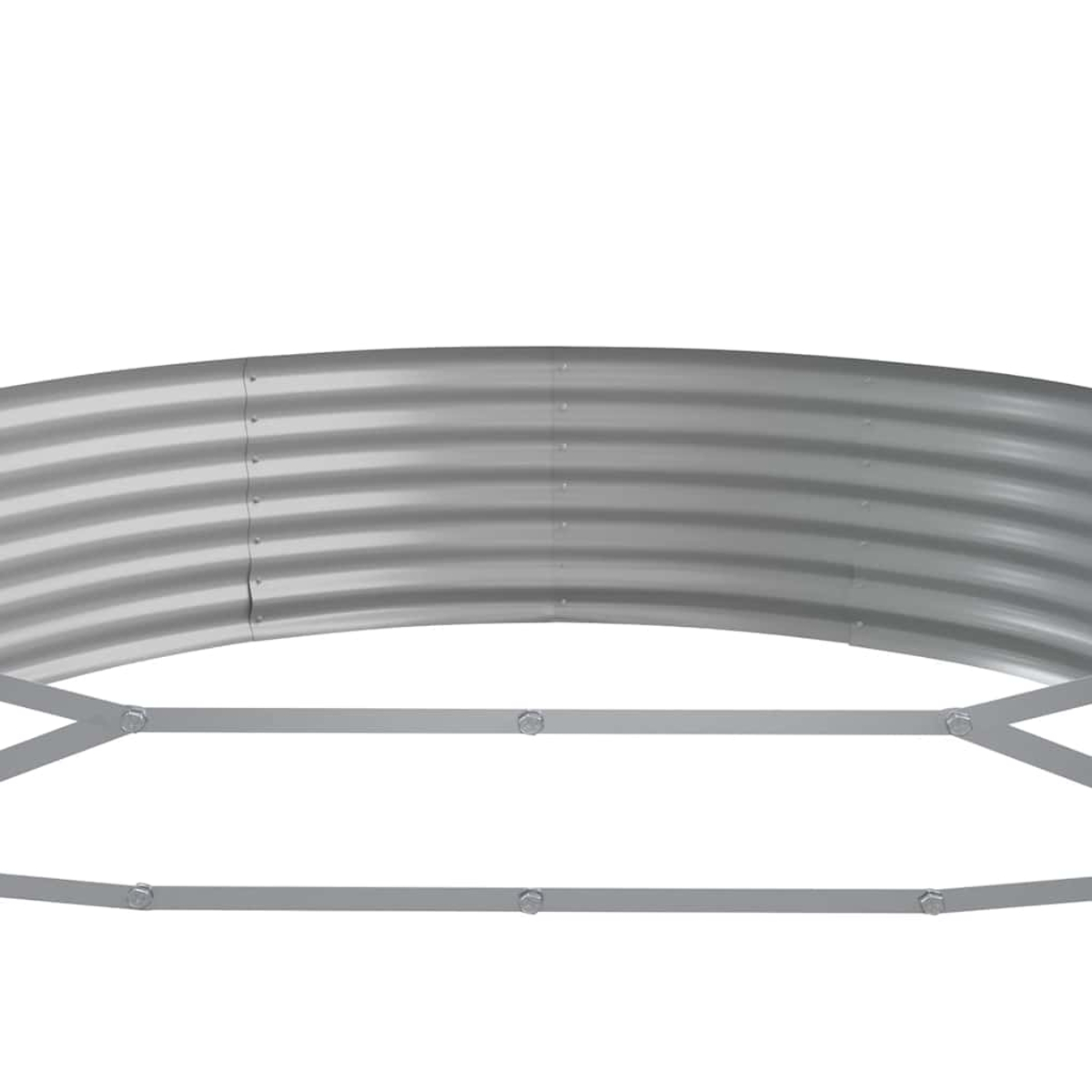 Ein gebogener, gewellter Gartenbeetrahmen aus Metall, grau, mit Metallstreben und Bolzen, vor weißem Hintergrund.