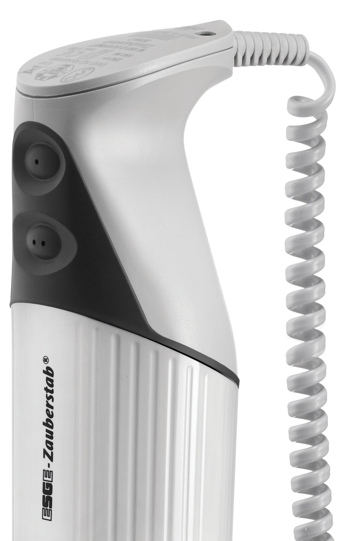 Biało-szary blender ręczny ESGE-Zauberstab. Ma czarną część z przyciskami i spiralny przewód.