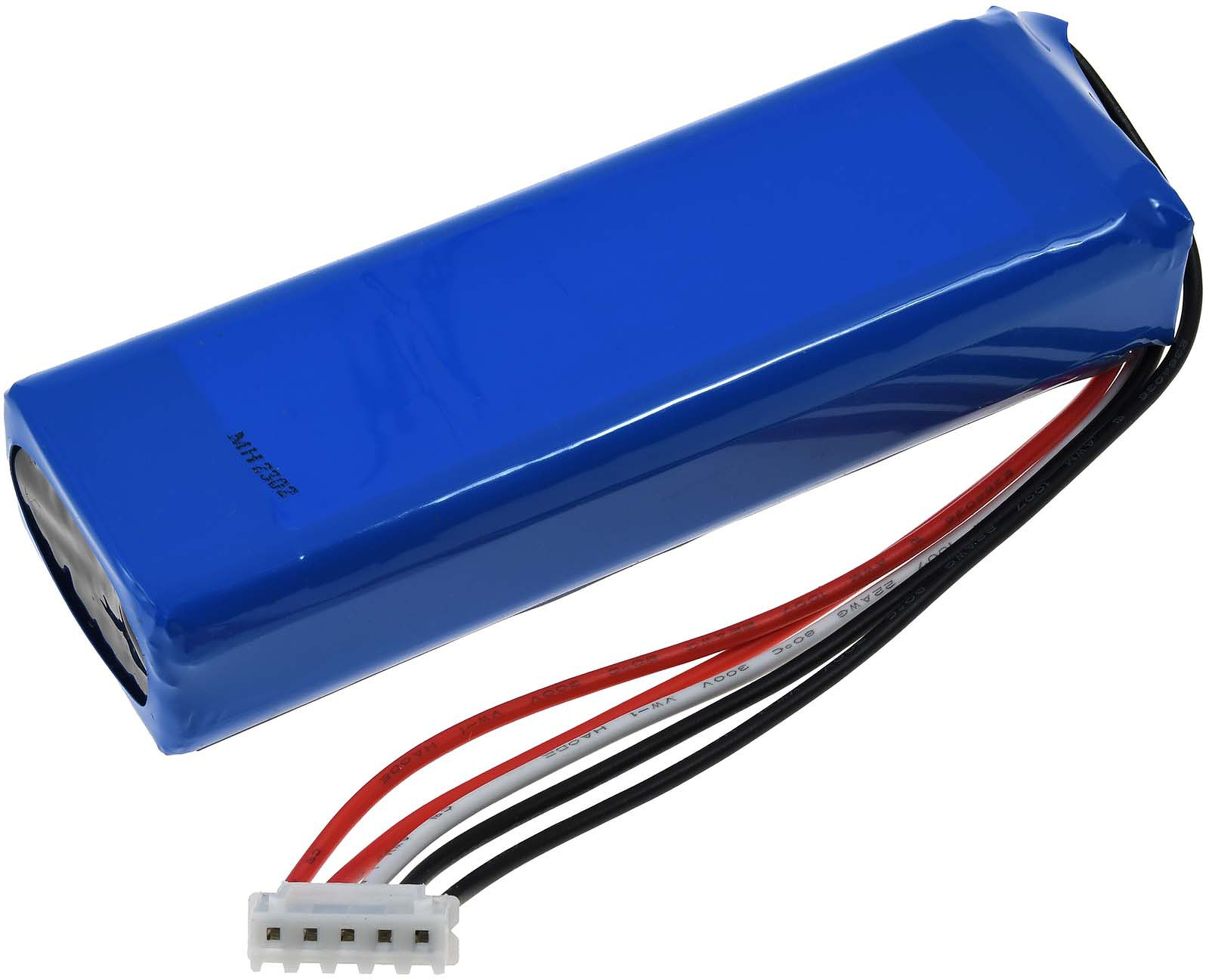 Ein blauer Akku mit Kabeln und einem Stecker. Auf dem Akku steht 'MH7302'. Rote, weiße und schwarze Kabel sind sichtbar.