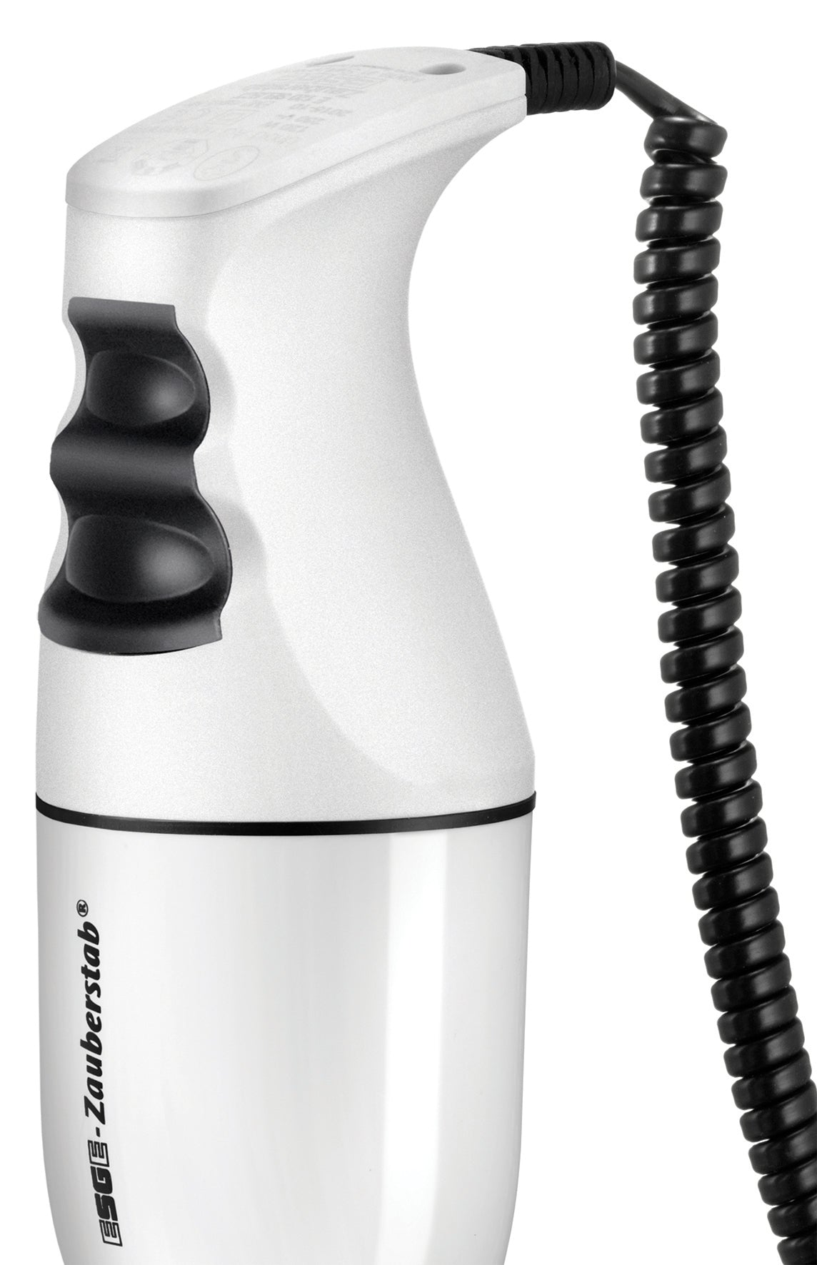 Un elettrodomestico portatile bianco e nero. Ha un manico nero, un corpo bianco e un cavo a spirale nero.