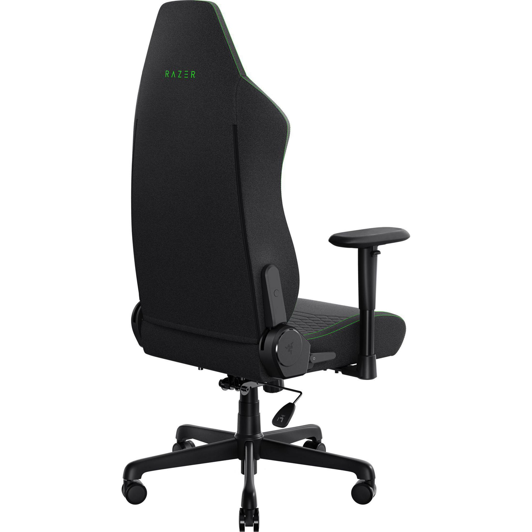Yeşil detaylı siyah Razer oyun koltuğu. Koltuk açılı, sırtı ve yan tarafı görünüyor. Razer logosu.