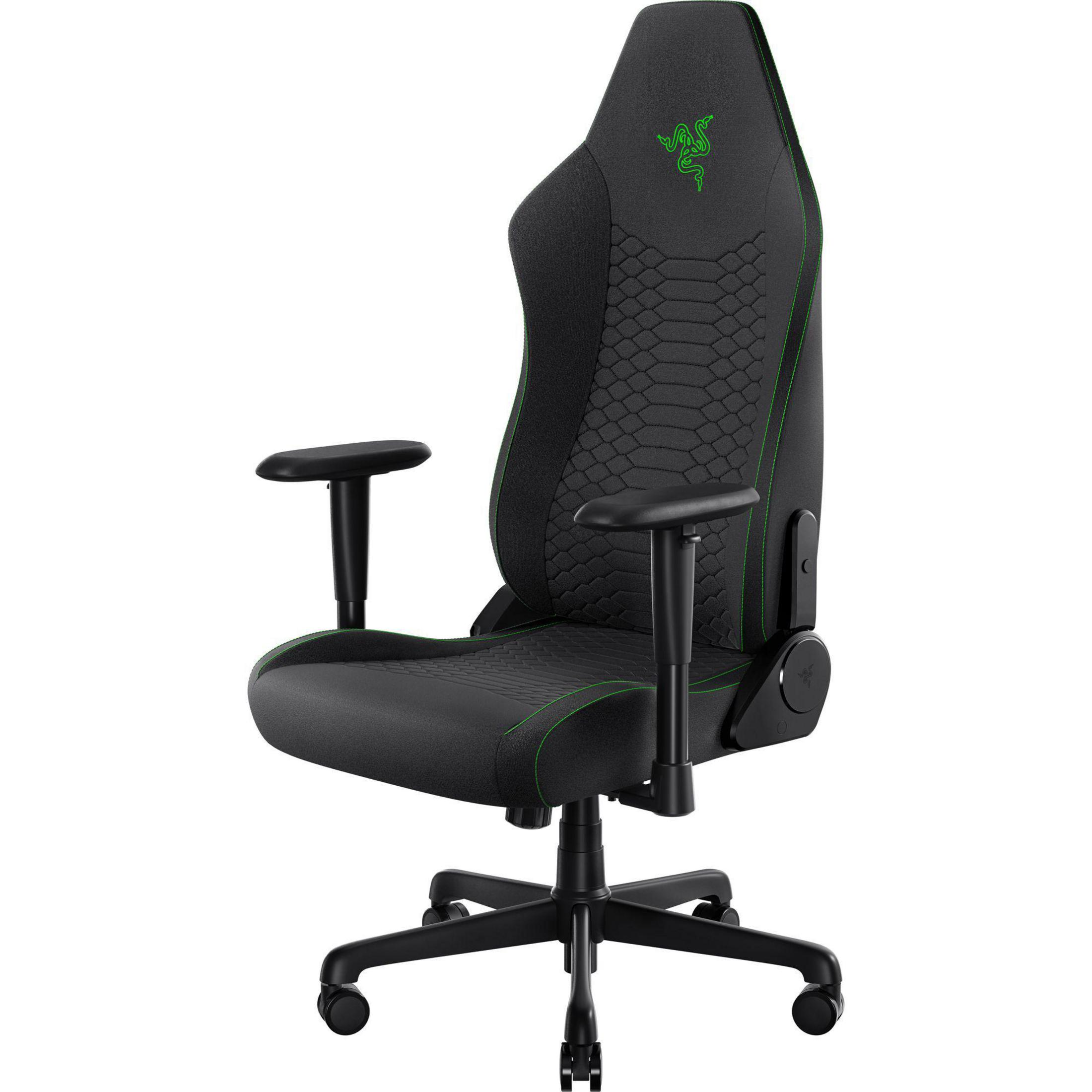 Siyah Razer oyun koltuğu. Yeşil detayları ve Razer logosu var. Koltuk beyaz bir zeminde.