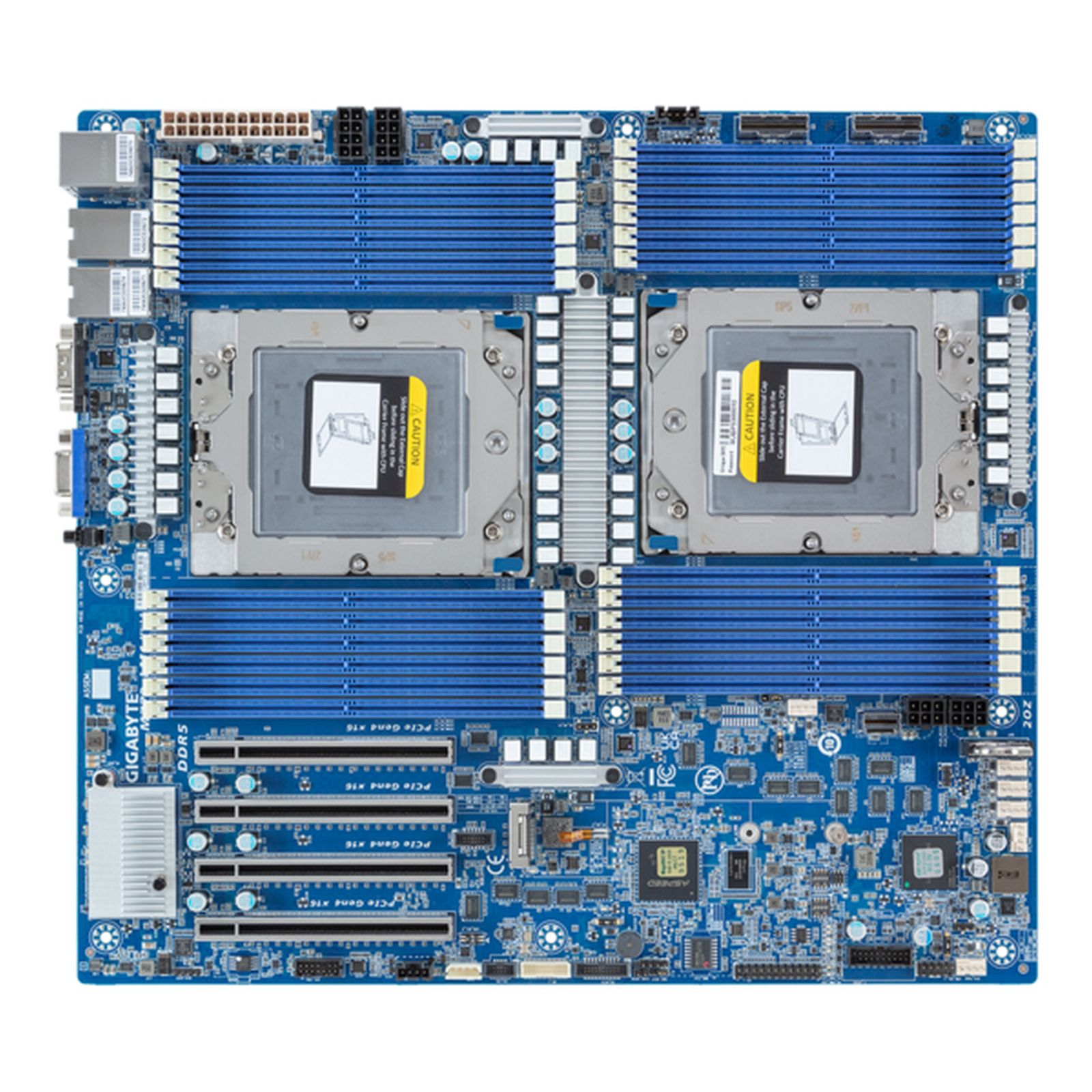 Una scheda madre blu con slot RAM blu, socket CPU argentati e vari componenti sono visibili.