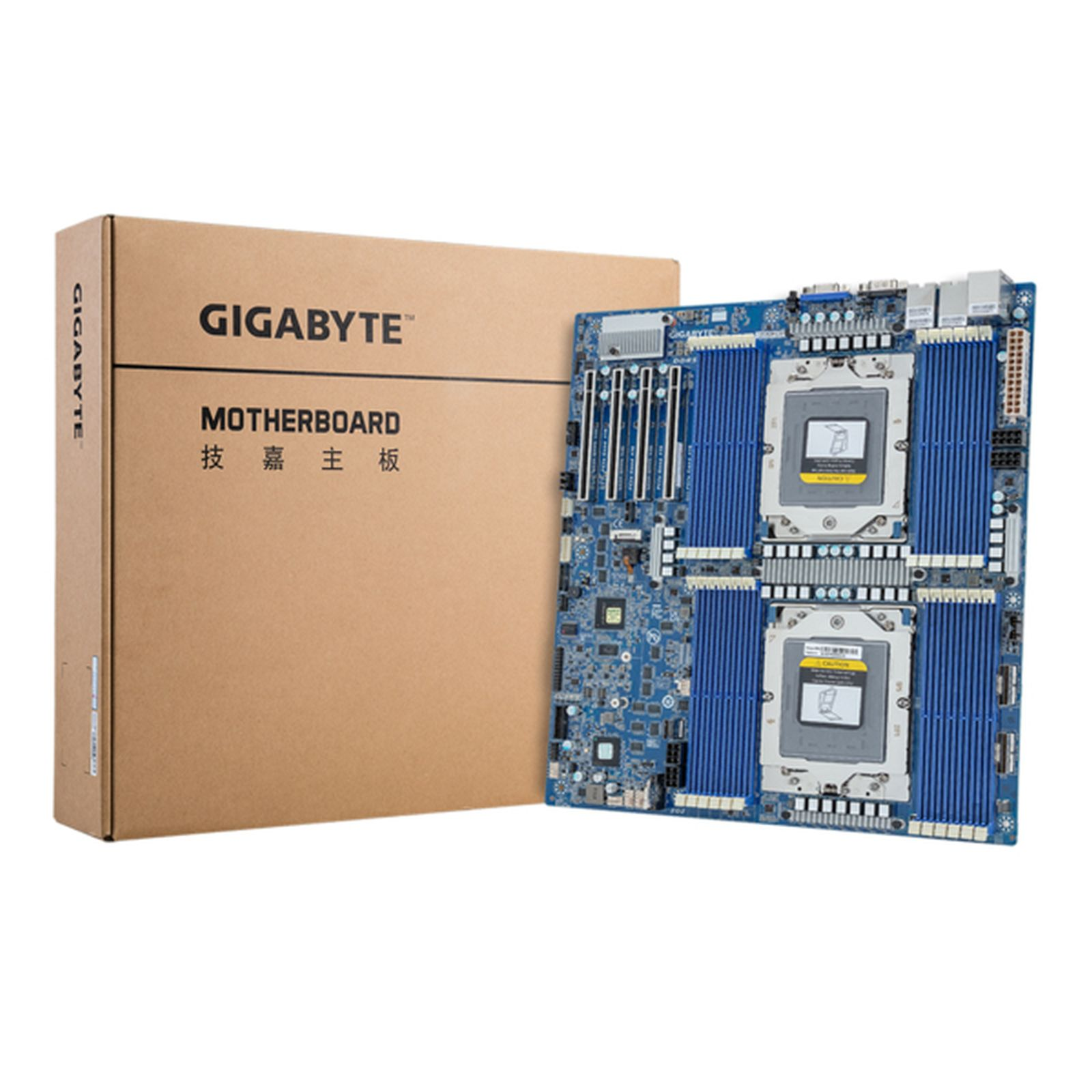 Una scheda madre Gigabyte con una scatola. La scheda madre è blu e ha molti componenti.