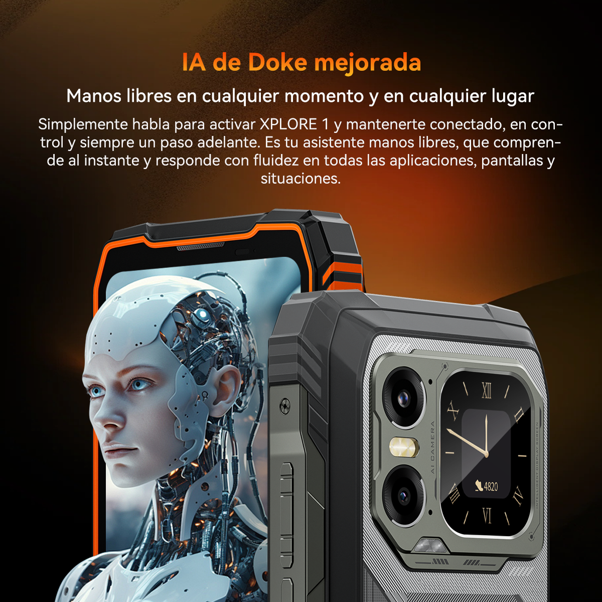 La imagen presenta un teléfono con IA, una cara de robot y texto en español. El teléfono tiene un reloj y el robot tiene ojos azules.