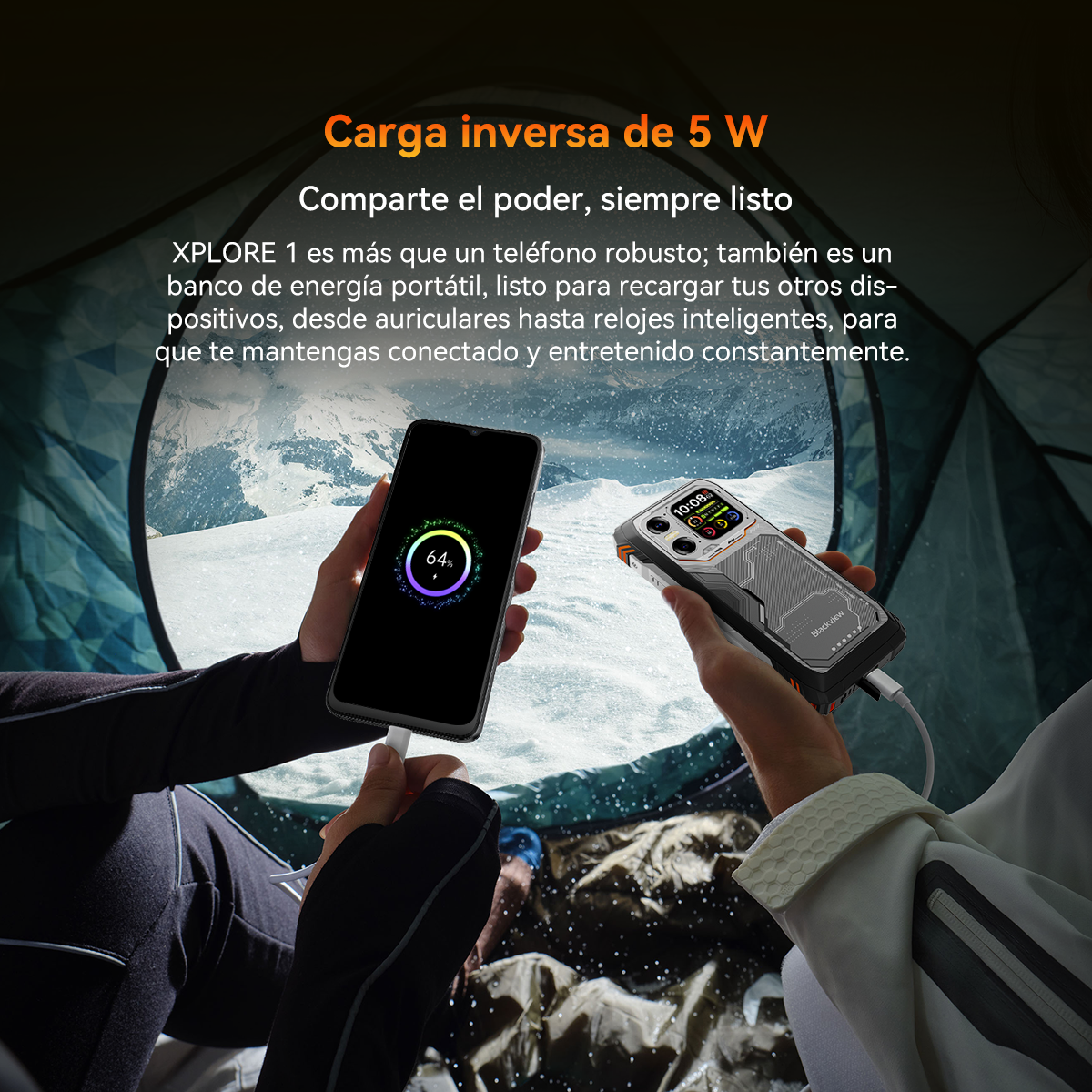 Dos manos sostienen teléfonos, uno cargando al otro. Porcentaje de carga mostrado. Texto en español promocionando la función de banco de energía del teléfono.