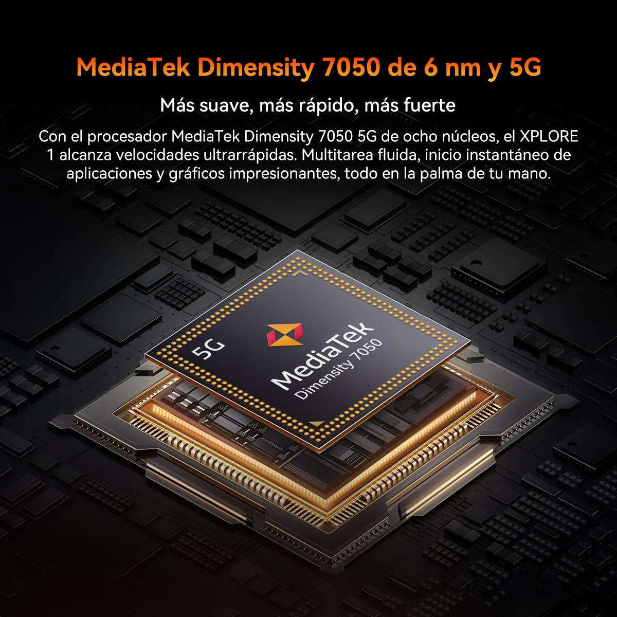 La imagen muestra un procesador MediaTek Dimensity 7050. Tiene un fondo negro con texto. El procesador está en el centro con el texto superpuesto.