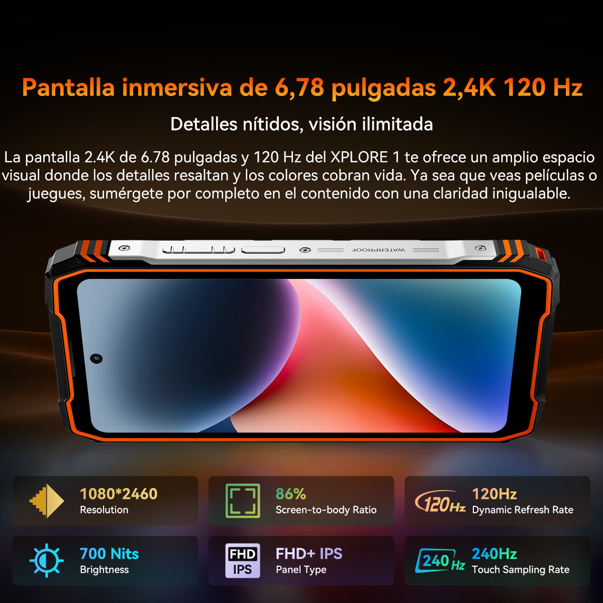 Smartphone resistente con pantalla que muestra una imagen abstracta colorida. Las especificaciones incluyen 120Hz de frecuencia de actualización, FHD+ IPS y 700 nits de brillo.