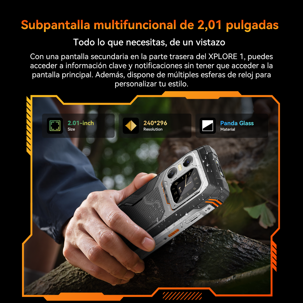 Una persona sostiene un teléfono inteligente resistente. El texto resalta el tamaño de la pantalla, la resolución y el material: Panda Glass.