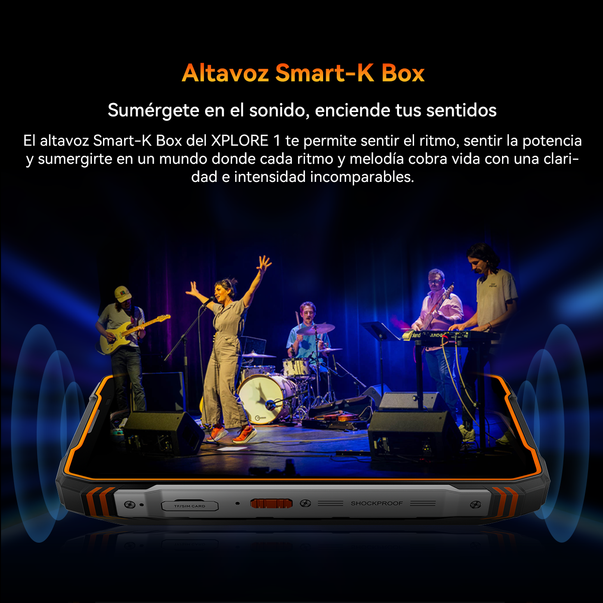 Una banda toca en el escenario. Un teléfono con acentos naranjas está en primer plano. El texto dice 'Smart-K Box'.