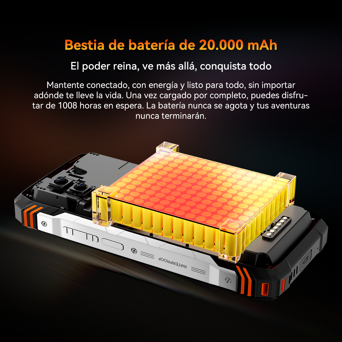 Teléfono con celdas de batería resaltadas, naranja y amarillo. Texto: Bestia de batería de 20,000 mAh, conquista todo.