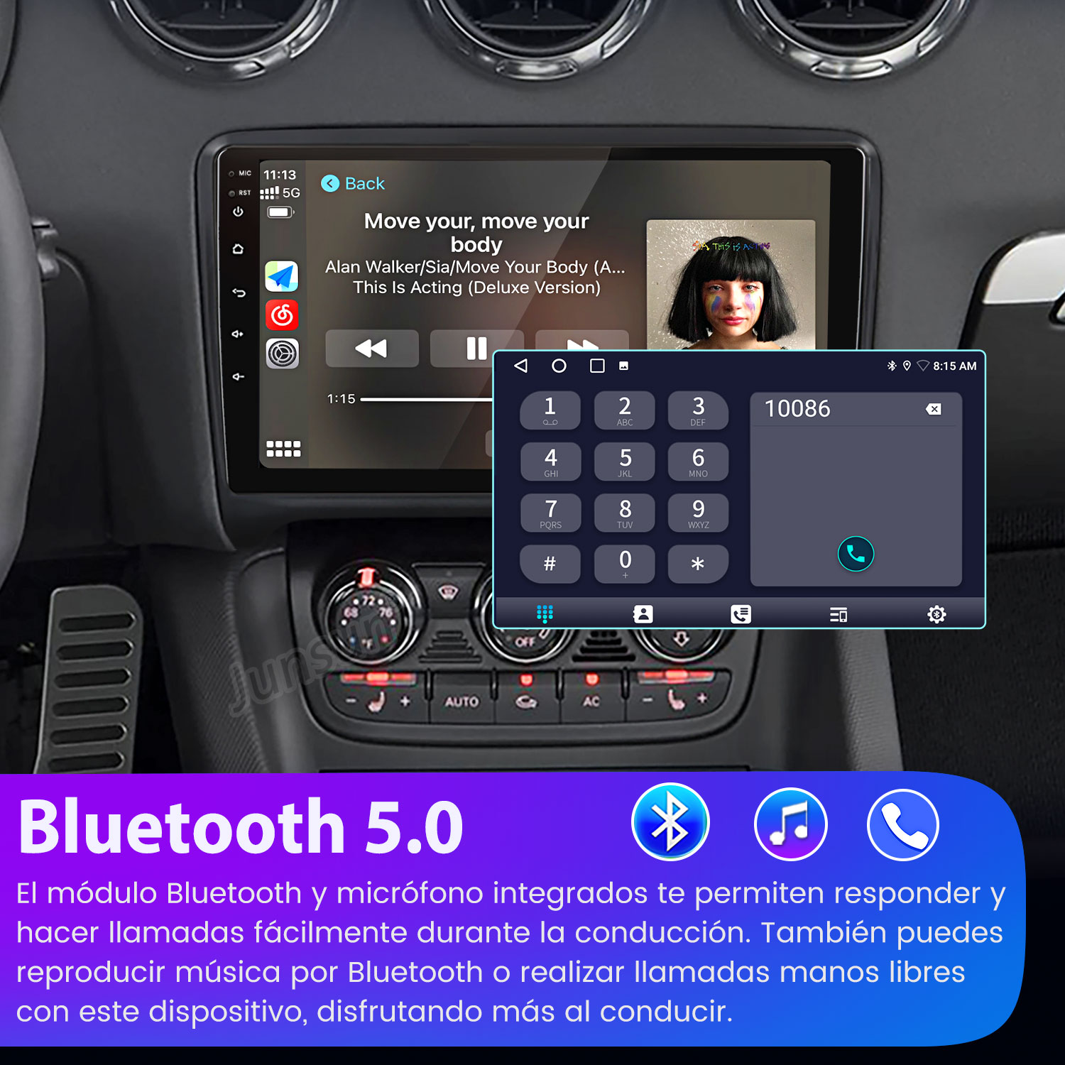 Estéreo de coche mostrando música y un marcador telefónico. Texto Bluetooth 5.0 con iconos en la parte inferior.
