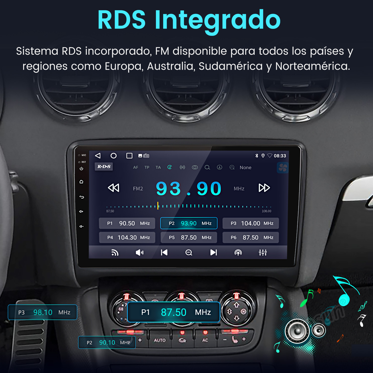Pantalla de radio de coche que muestra detalles de radio FM. La pantalla muestra la frecuencia 93,90 MHz. Otros botones y controles del coche son visibles.