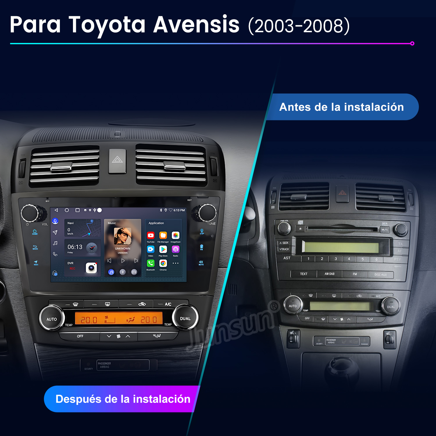 Comparación del salpicadero del coche: radio original a la derecha, nueva pantalla táctil a la izquierda, con controles de temperatura.