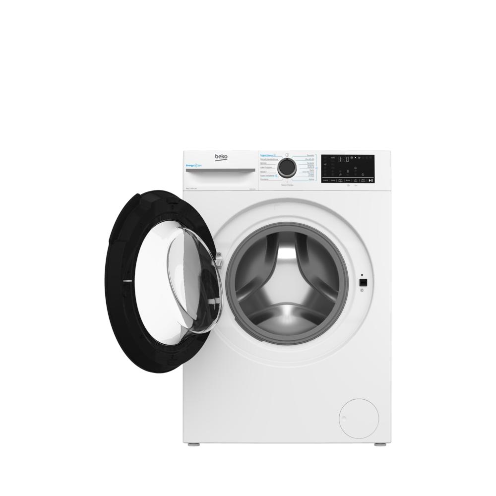Açık kapılı beyaz bir Beko çamaşır makinesi. Dijital ekranı ve kontrol paneli var. Kapı siyah, cam pencere.