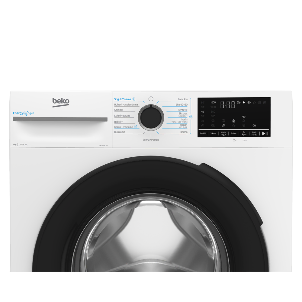 Beyaz Beko çamaşır makinesi. Siyah kapısı ve yıkama seçenekleri ve ayarları gösteren bir kontrol paneli var.