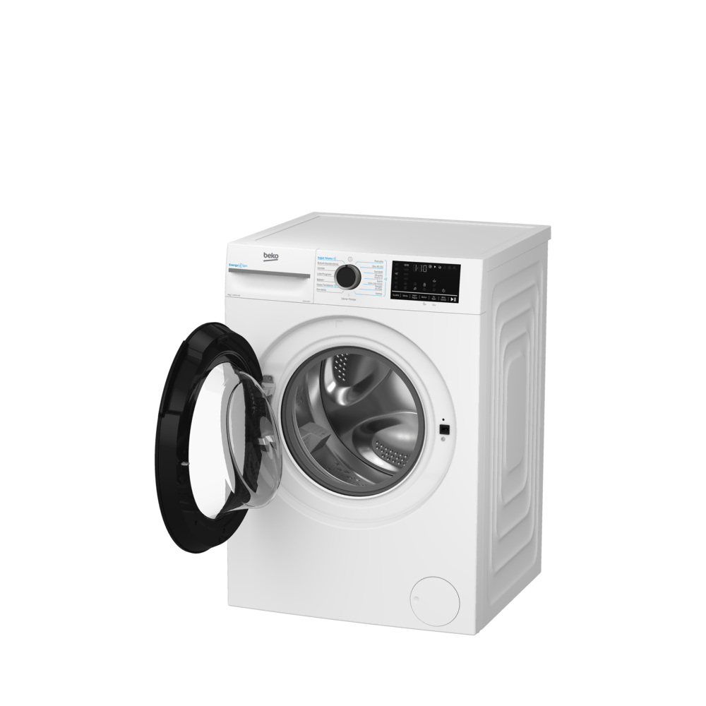 Açık kapılı beyaz bir Beko çamaşır makinesi. Kontrol paneli sağ üsttedir. Kapı siyah ve şeffaftır.