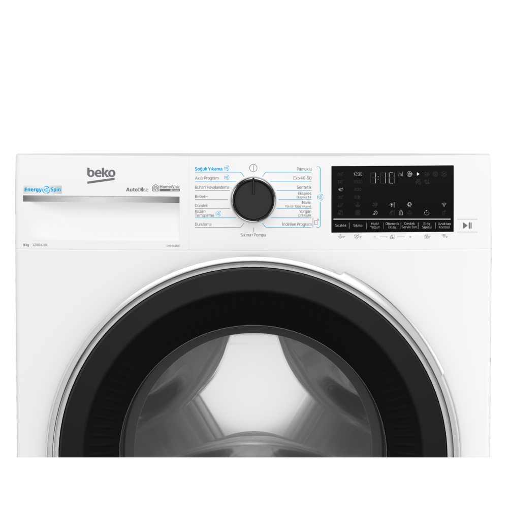 Beyaz bir Beko çamaşır makinesi. Siyah bir kapısı, seçenekleri olan bir kontrol paneli ve programlar için bir kadranı var.
