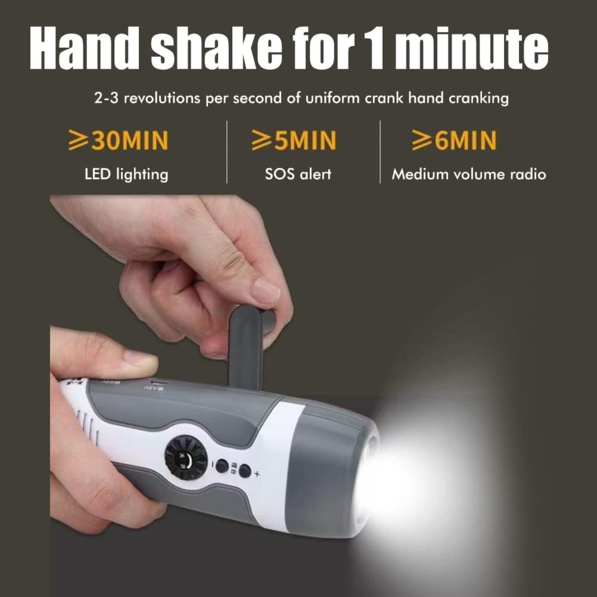 Eine Person kurbelt mit den Händen eine grau-weiße Taschenlampe an. Text zeigt 'Handshake für 1 Minute' und Funktionszeiten für die Nutzung.