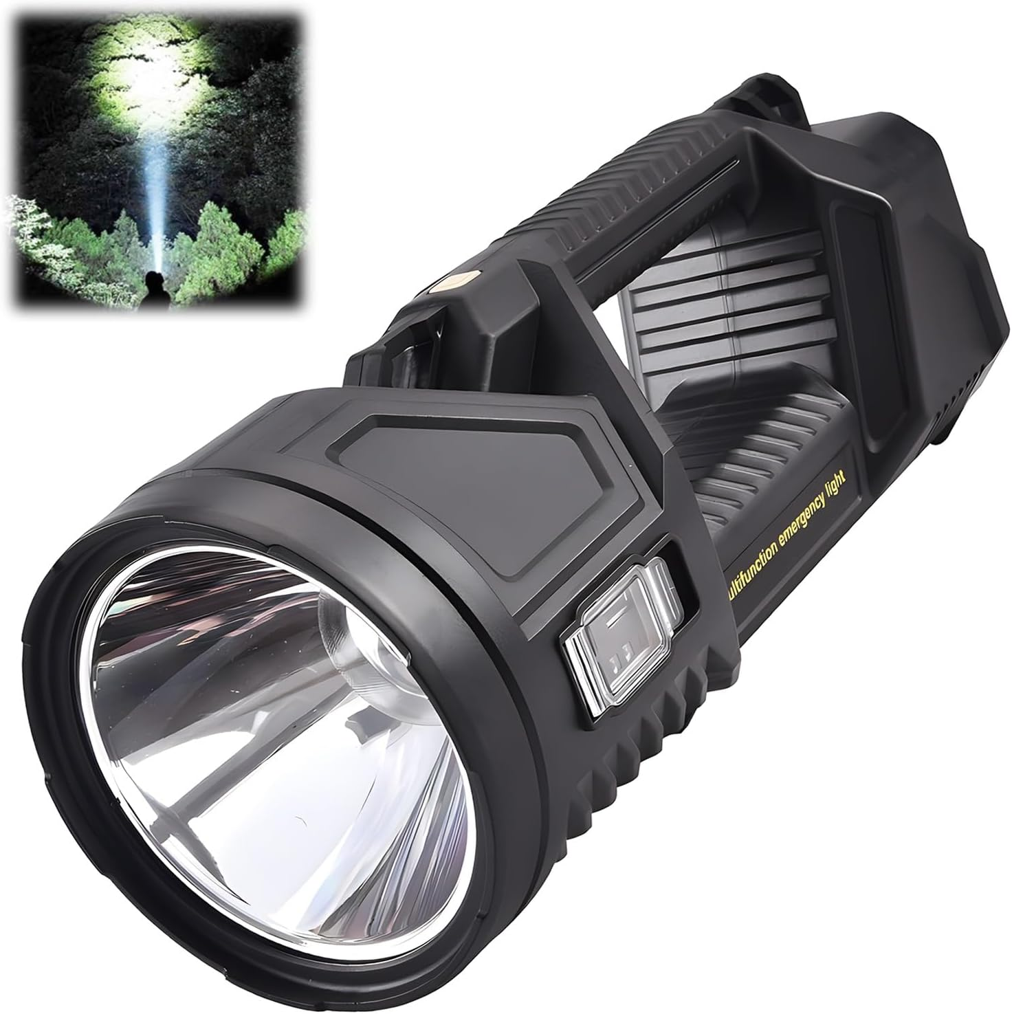 Schwarze Taschenlampe mit hellem Licht. Inset zeigt Lichtstrahl in einem Wald bei Nacht. Griff und mehrere Knöpfe sind sichtbar.