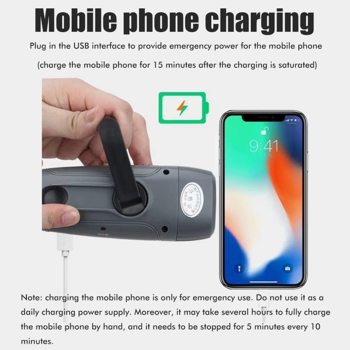 Ein handgekurbeltes Ladegerät versorgt ein Telefon mit Strom. Auf dem Telefon wird ein Ladesymbol angezeigt. Text: Aufladen des Mobiltelefons.