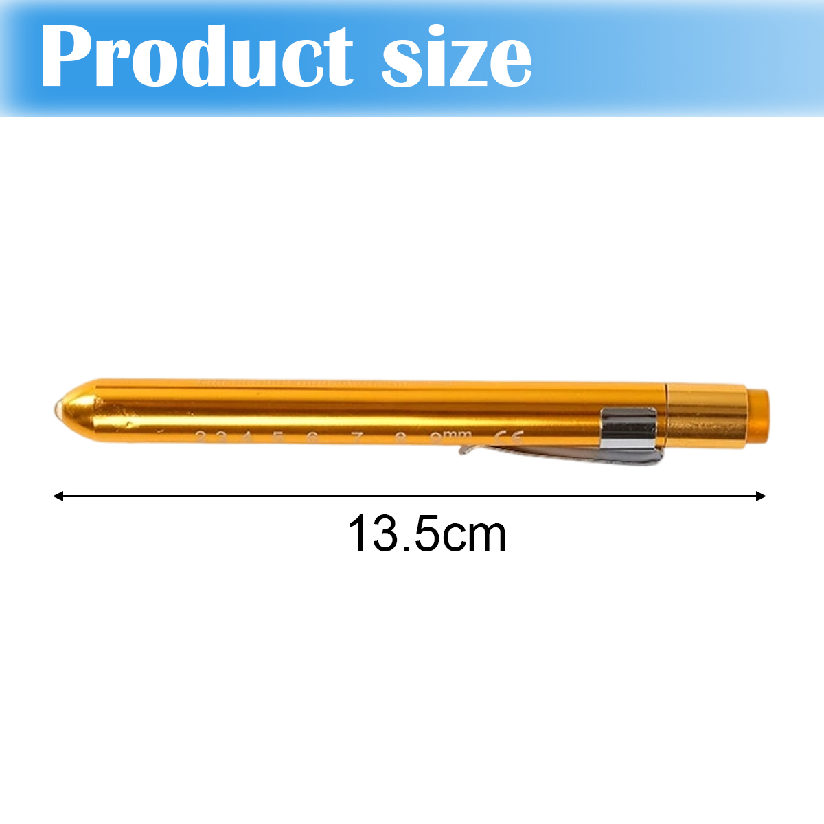 Ein goldener Stift mit Clip, 13,5 cm lang. Der Titel 'Produktgröße' ist oben blau.