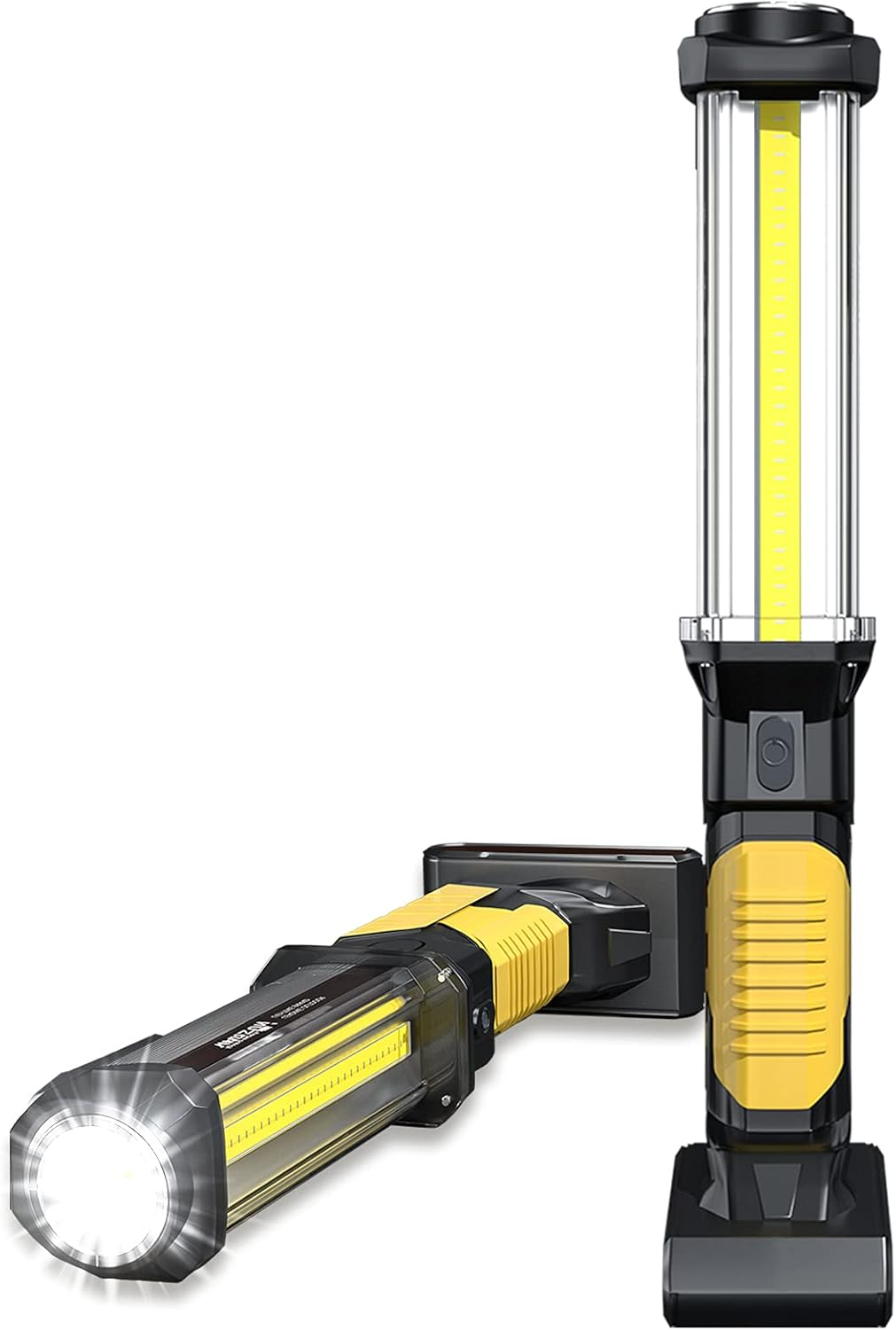 Zwei schwarze und gelbe LED-Arbeitsleuchten. Eine steht aufrecht, die andere ist abgewinkelt. Beide haben helle Lichter.