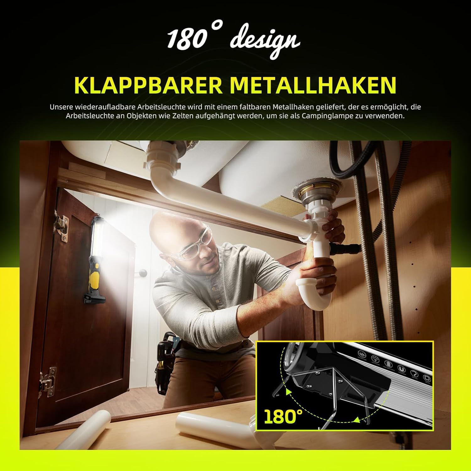 Ein Mann repariert ein Rohr unter einem Waschbecken. Er trägt eine Schutzbrille. Text sagt 'KLAPPBARER METALLHAKEN' und '180° design'.