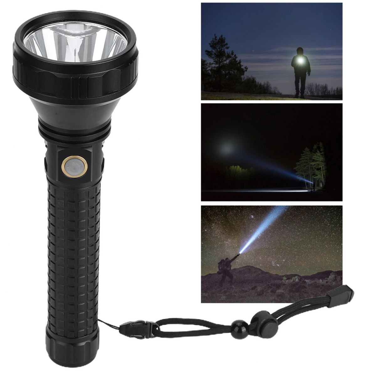 Eine schwarze Taschenlampe mit Handschlaufe. Insets zeigen das Licht, das eine Person, Bäume und den Sternenhimmel beleuchtet.