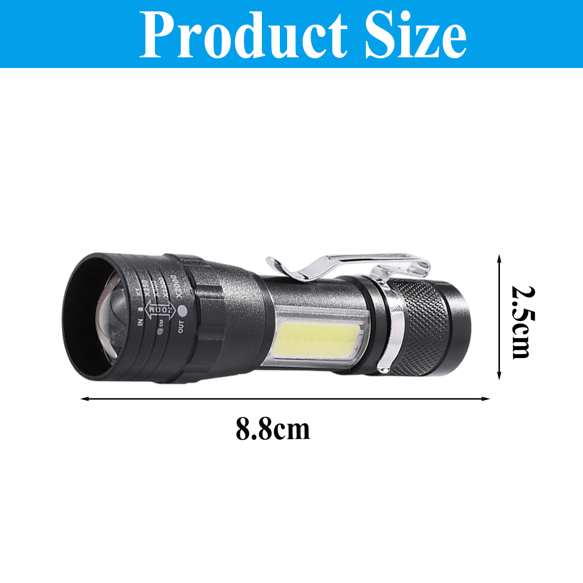 Eine schwarze Taschenlampe mit silbernem Clip und den angegebenen Abmessungen: 8,8 cm lang und 2,5 cm hoch. Text oben lautet 'Produktgröße'.
