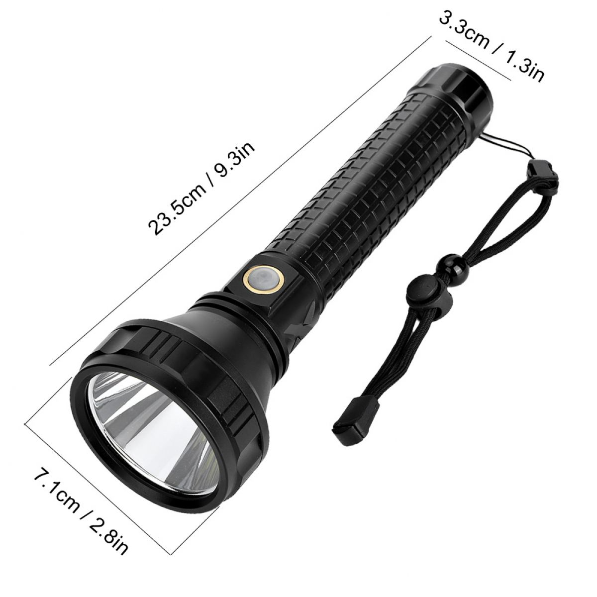 Eine schwarze Taschenlampe mit Maßangaben. Sie hat eine Handschlaufe. Die Maße sind 23,5 cm/9,3 Zoll, 7,1 cm/2,8 Zoll und 3,3 cm/1,3 Zoll.
