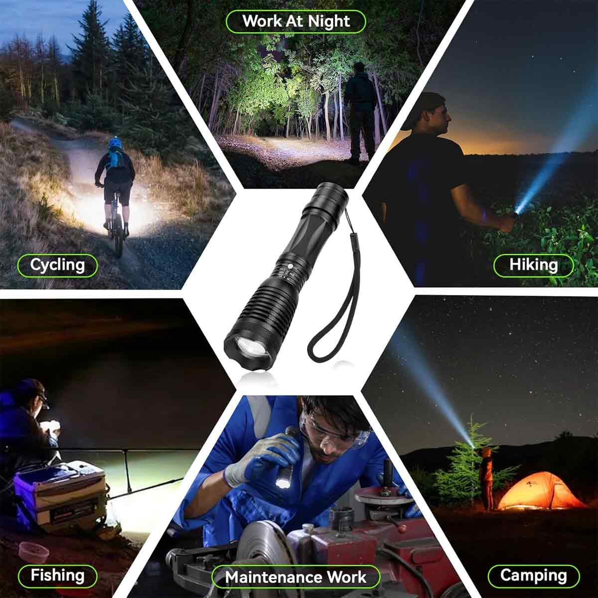 Eine Taschenlampe mit schwarzem Griff. Szenen zeigen Radfahren, Wandern, Angeln, Camping und Wartungsarbeiten, alles mit der Taschenlampe bei Nacht.