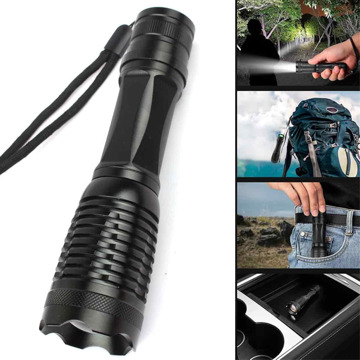 Schwarze Taschenlampe mit Handschlaufe. Auch im Einsatz gezeigt: in der Hand, auf einem Rucksack, in einer Tasche und im Auto.
