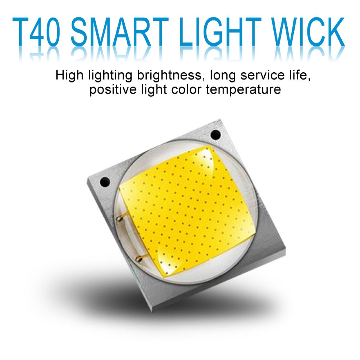 Nahaufnahme einer quadratischen LED-Leuchte mit einem gelben Quadrat in der Mitte. Text: 'T40 SMART LIGHT WICK'.
