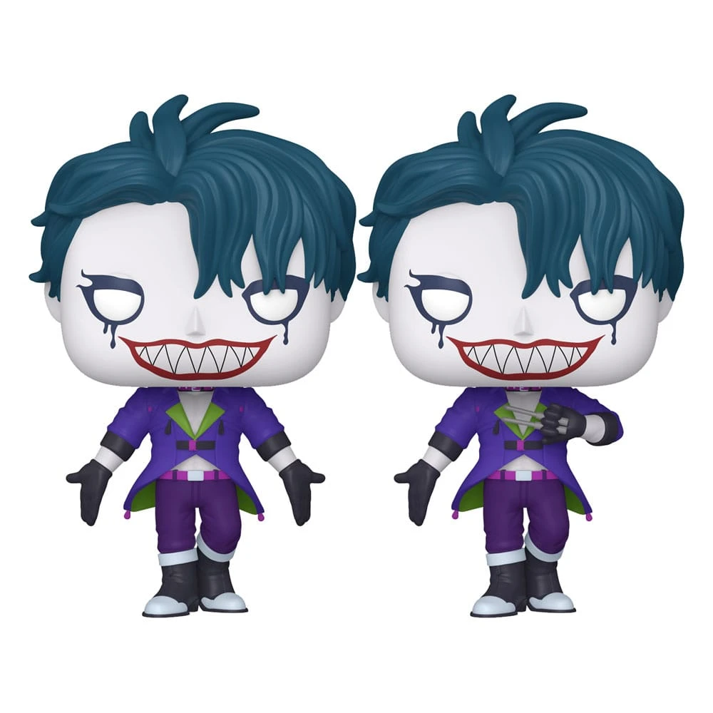 Dos figuras de Joker de pie una al lado de la otra. Tienen pelo azul, caras blancas, sonrisas rojas, chaquetas moradas y guantes negros.