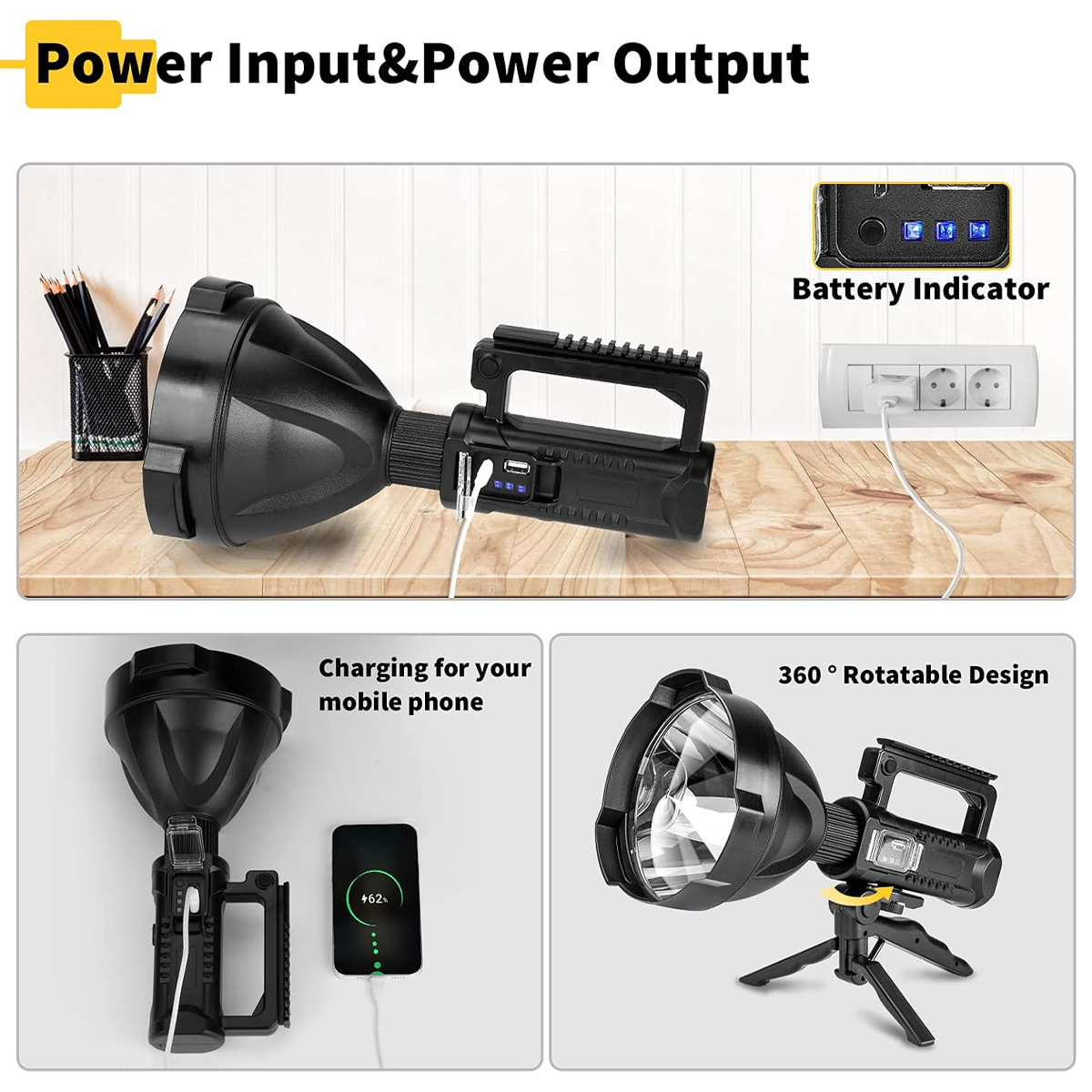 Schwarze Taschenlampe mit USB-Ladeanschluss und Batteriestandsanzeige. Zusatzbilder zeigen Handy-Laden und Stativ-Verwendung.