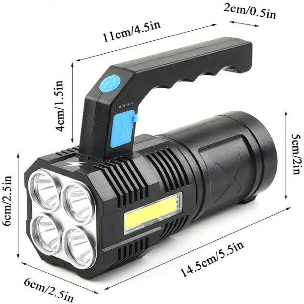Schwarze Taschenlampe mit Griff, vier Frontlichtern und markierten Abmessungen. Blaue Knöpfe oben. Ein weißer Lichtabschnitt an der Seite.