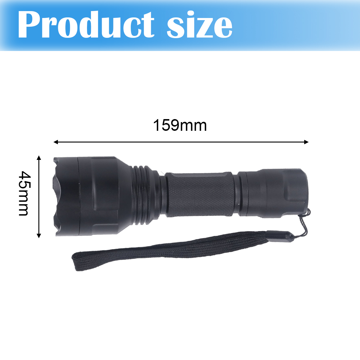 Eine schwarze Taschenlampe mit Handschlaufe. Abmessungen: 159 mm lang, 45 mm breit. Der Text 'Produktgröße' steht darüber.