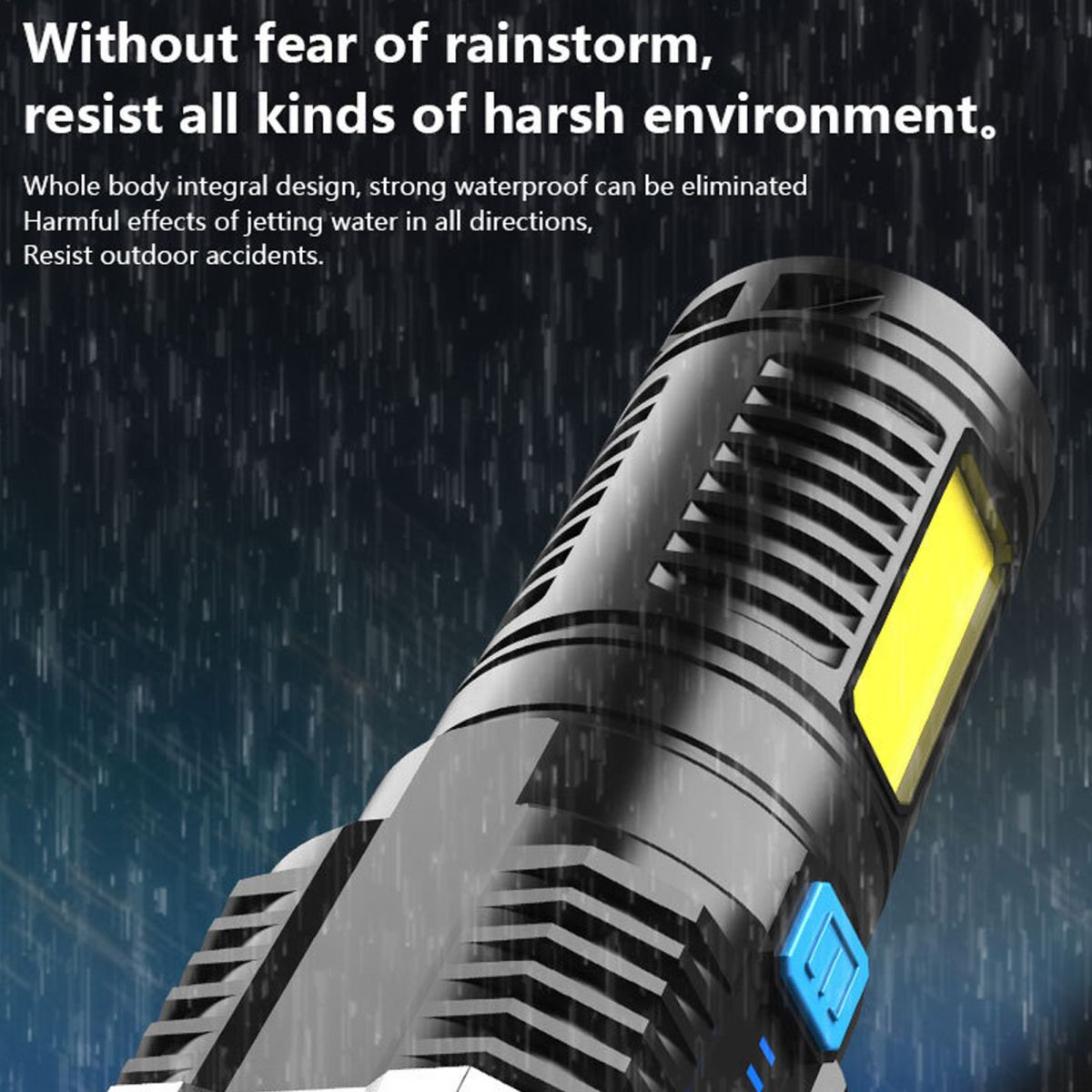 Eine schwarze Taschenlampe mit gelbem Licht und blauem Knopf wird in einer Regenszene gezeigt. Der Text oben lautet: widerstehe rauer Umgebung.