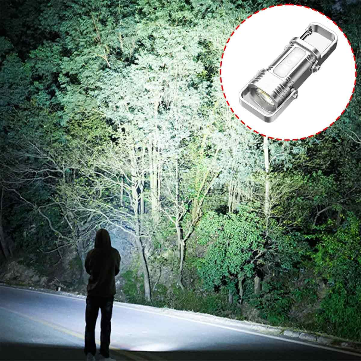 Eine Person mit Kapuzenpullover steht auf einer Straße und leuchtet mit einer Taschenlampe in einen Wald bei Nacht. Eine Taschenlampe ist in einem Kreis abgebildet.