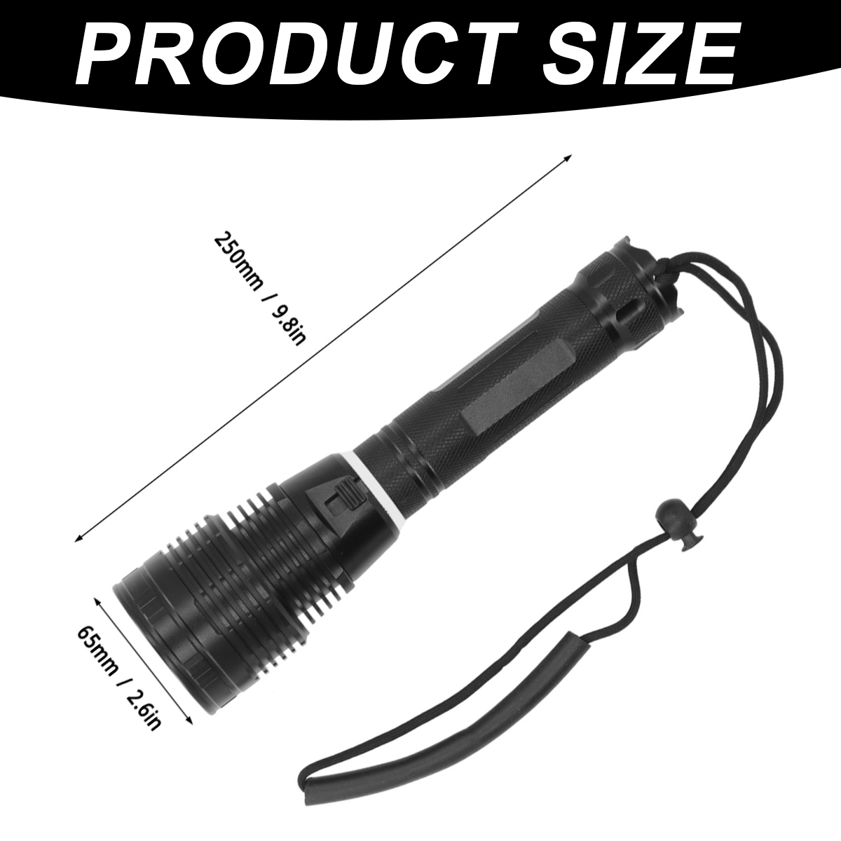 Schwarze Taschenlampe mit Größenangaben. Länge 250 mm, Breite 65 mm. Produktgröße-Text oben.