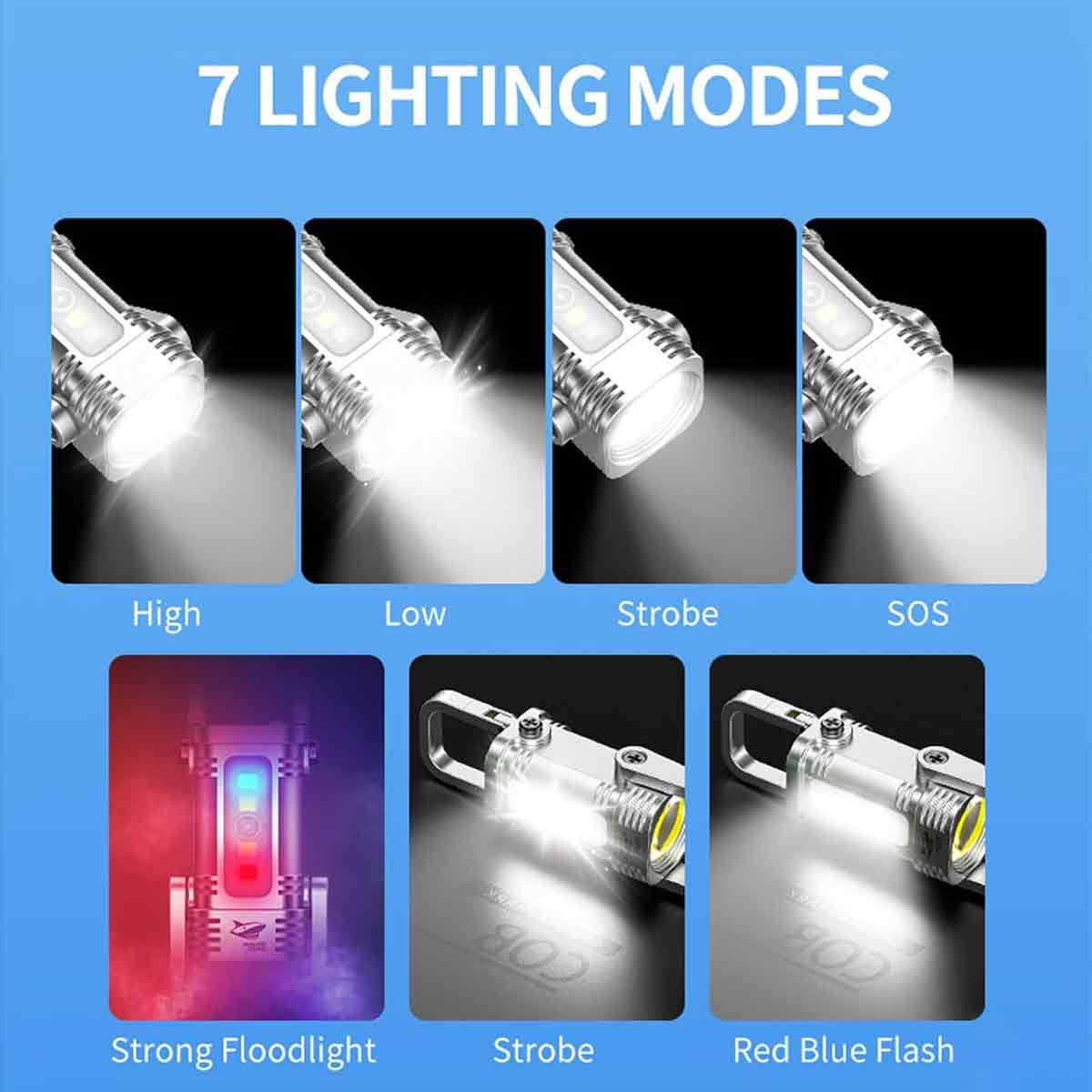 Das Bild zeigt 7 Beleuchtungsmodi einer Taschenlampe: hoch, niedrig, Stroboskop, SOS, starker Fluter, Stroboskop und rot-blauer Blitz.