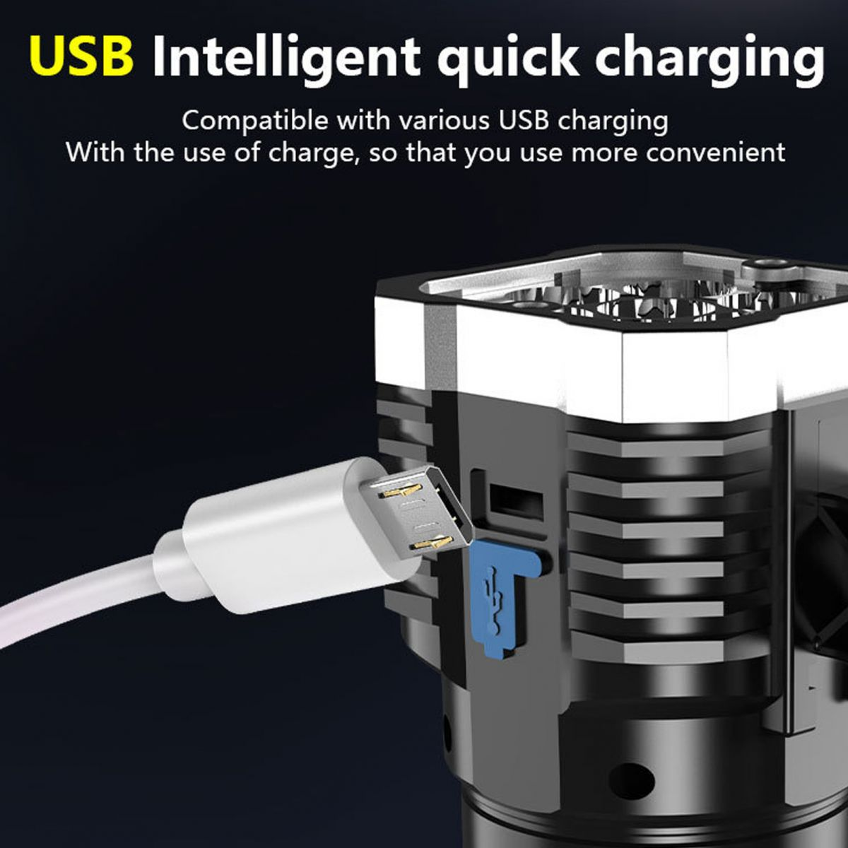 Das Bild zeigt ein USB-Ladegerät mit einem weißen Kabel. Der Text lautet 'USB Intelligentes Schnellladen'.
